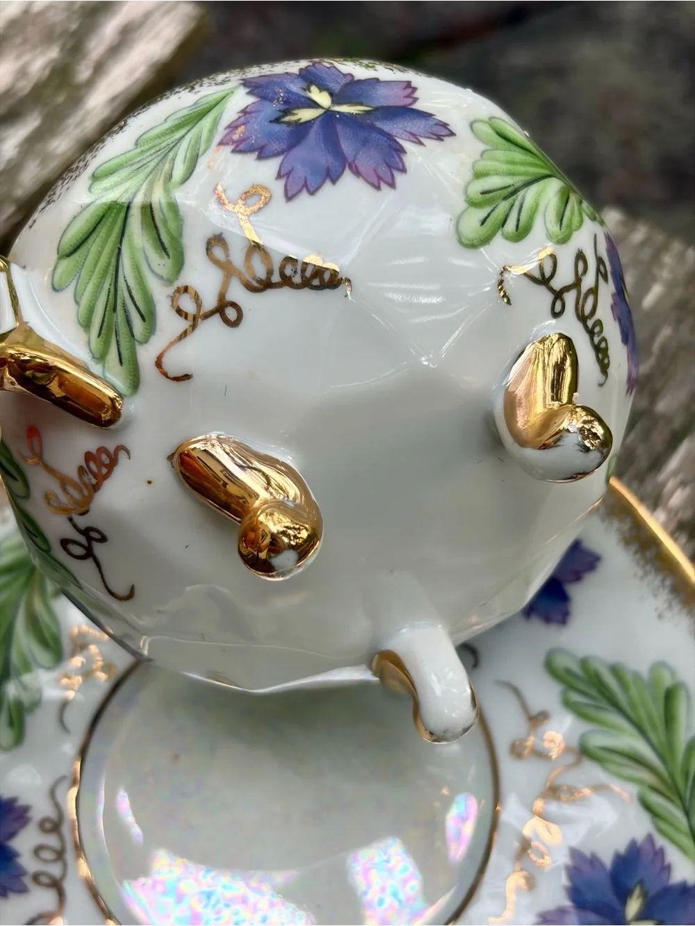 Japanese Tea Cup and Saucer by Shafford with Purple Flowers, 3  Footed Tea Cup